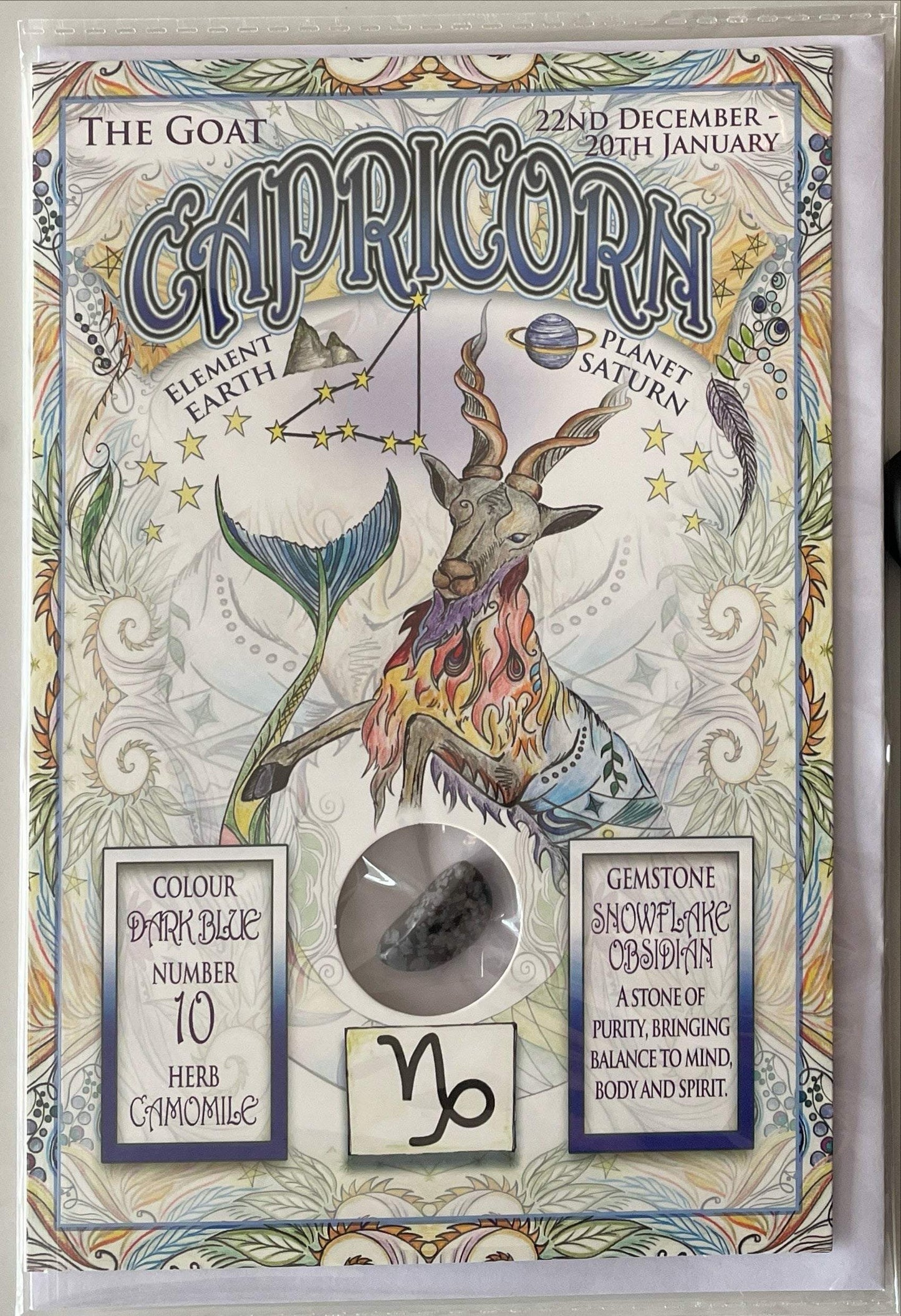Capricorn Zodiac Greeting Card with snowflake obsidian gemstone and detailed astrology design.