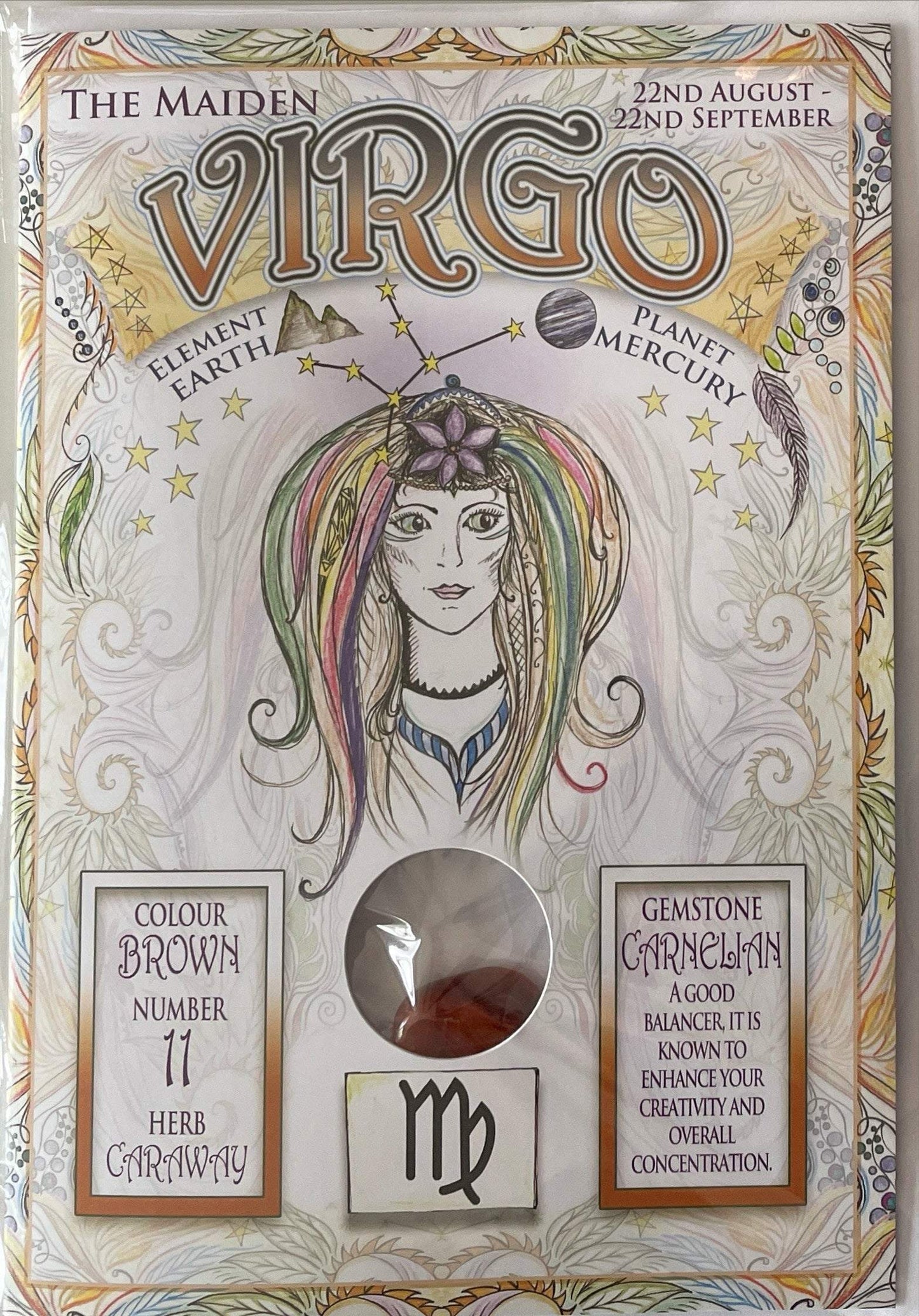 Zodiac Greeting Cards featuring Virgo design with genuine carnelian gemstone.