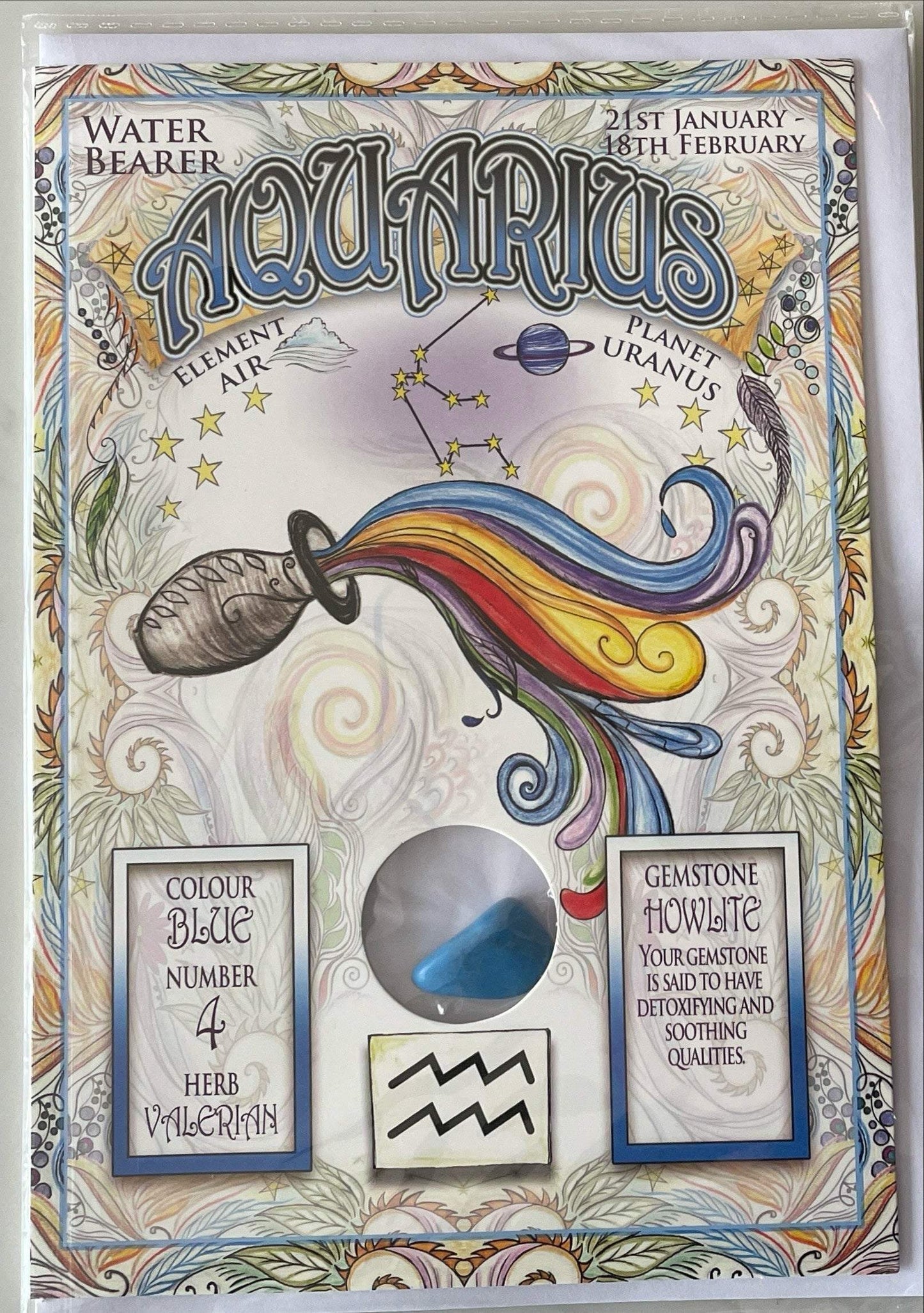 Aquarius Zodiac Greeting Card with genuine gemstone and artistic design.