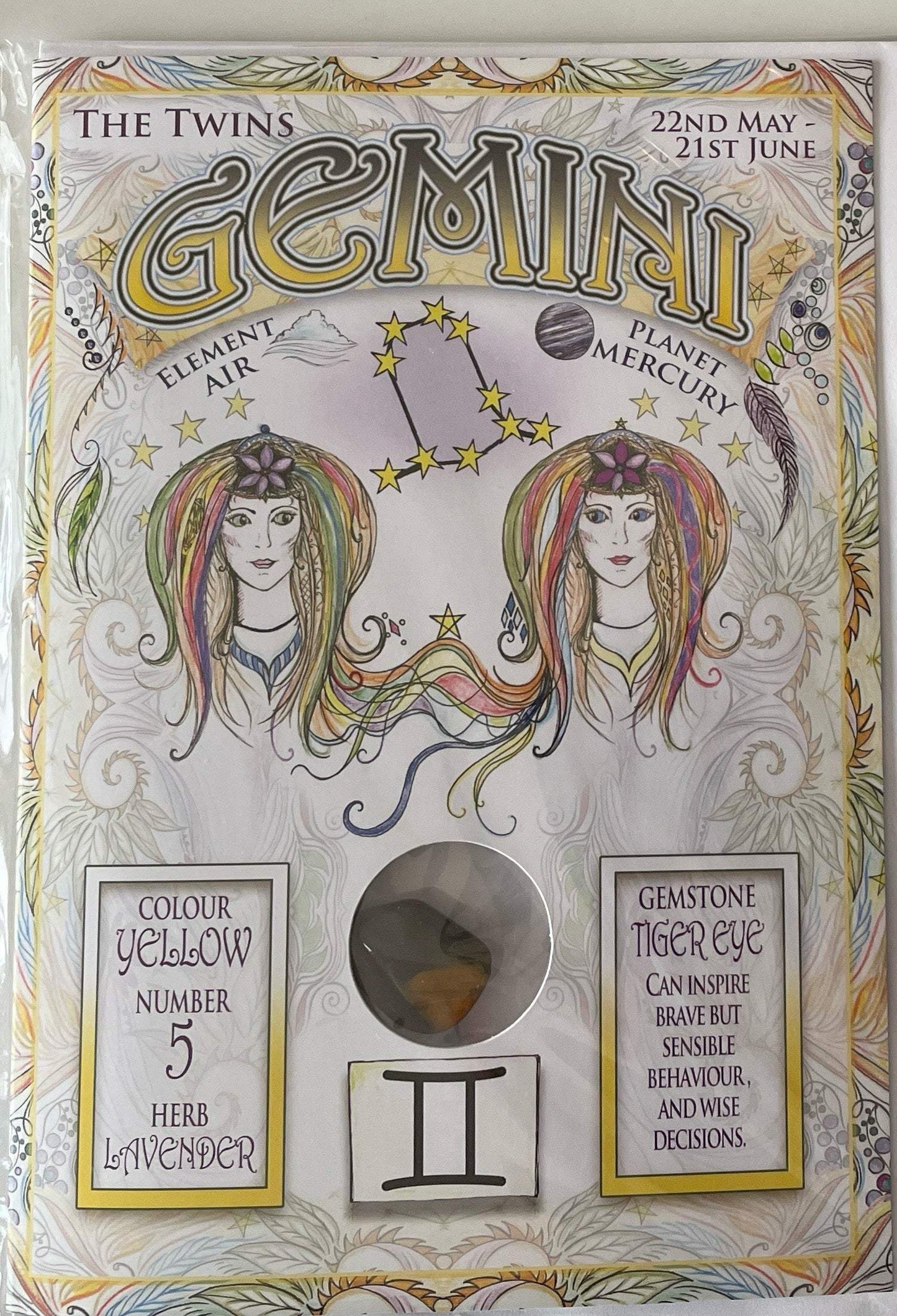 Gemini zodiac greeting card with Tiger Eye gemstone, colorful design, and astrological details.