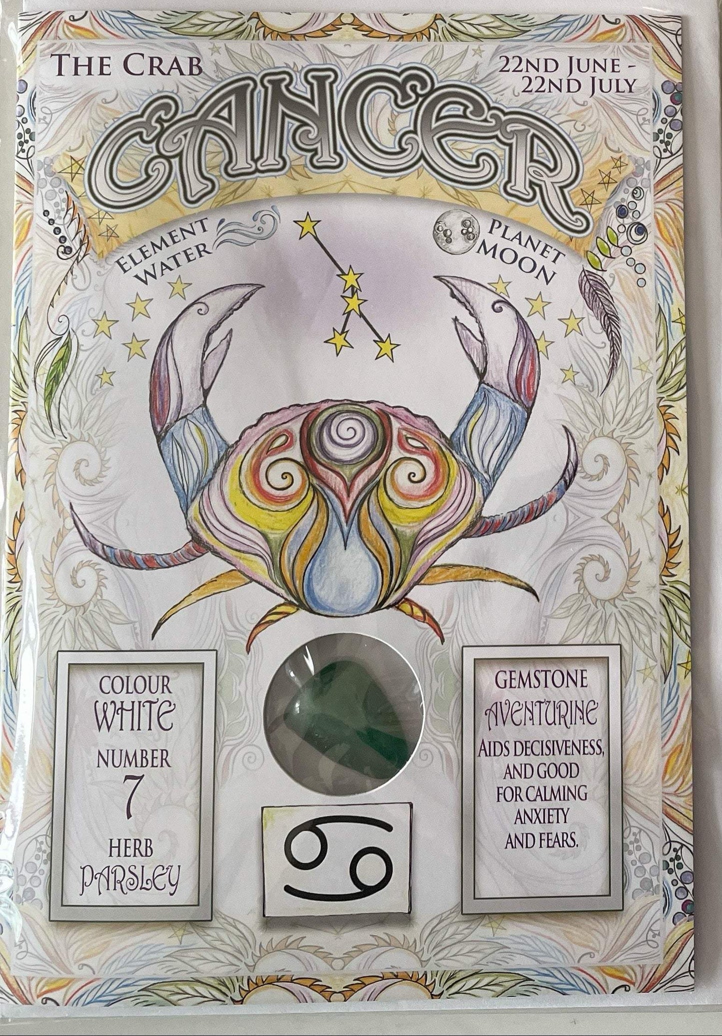 Cancer zodiac greeting card with gemstone, personal and thoughtful design.
