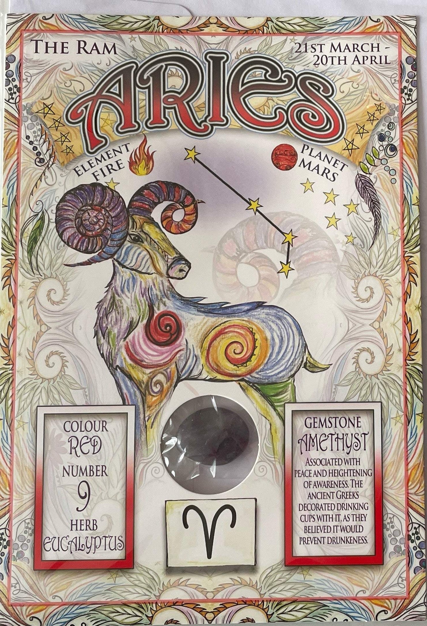 Aries zodiac greeting card with colorful design and genuine amethyst gemstone.