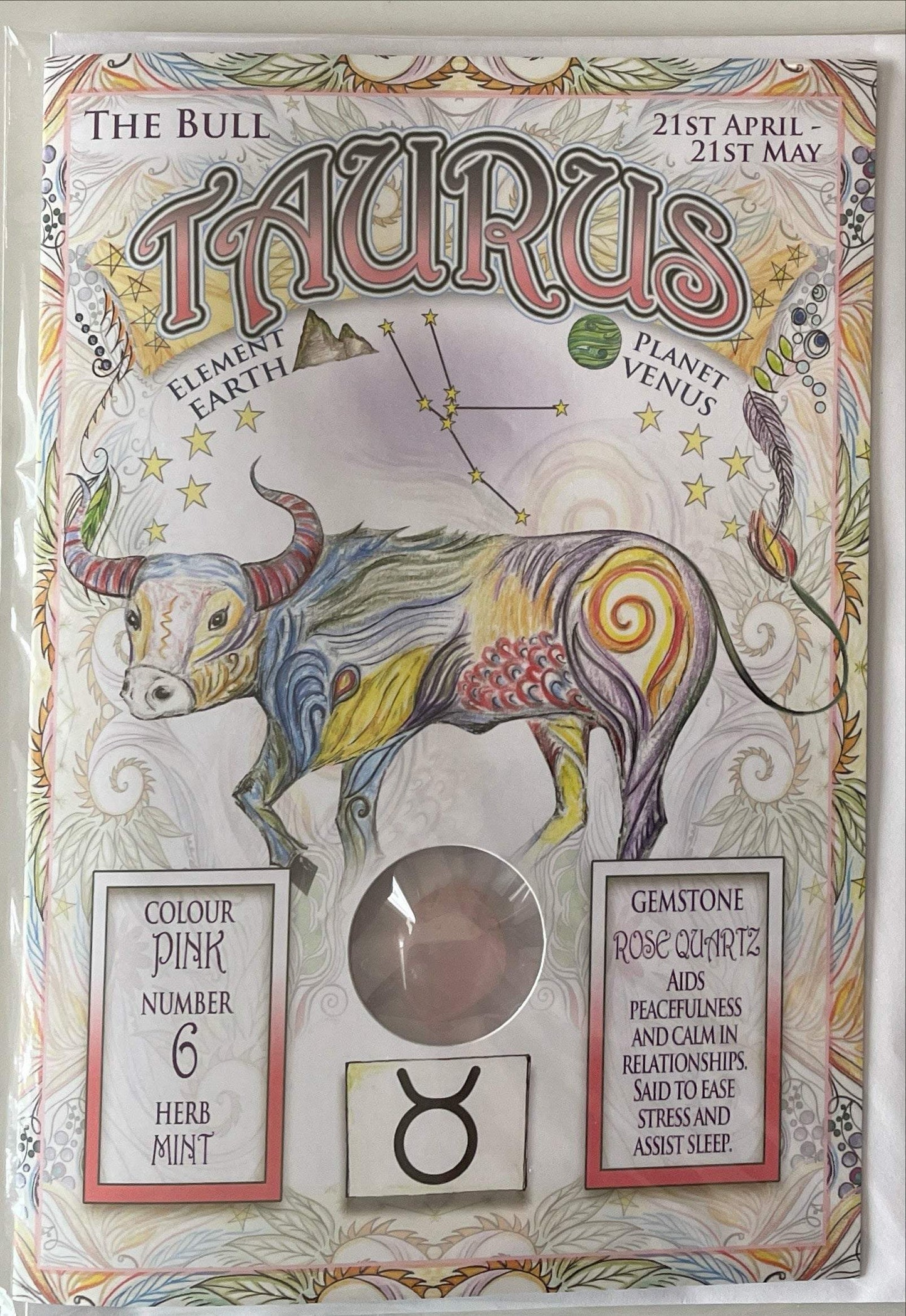 Taurus zodiac greeting card with rose quartz gemstone and astrological details.