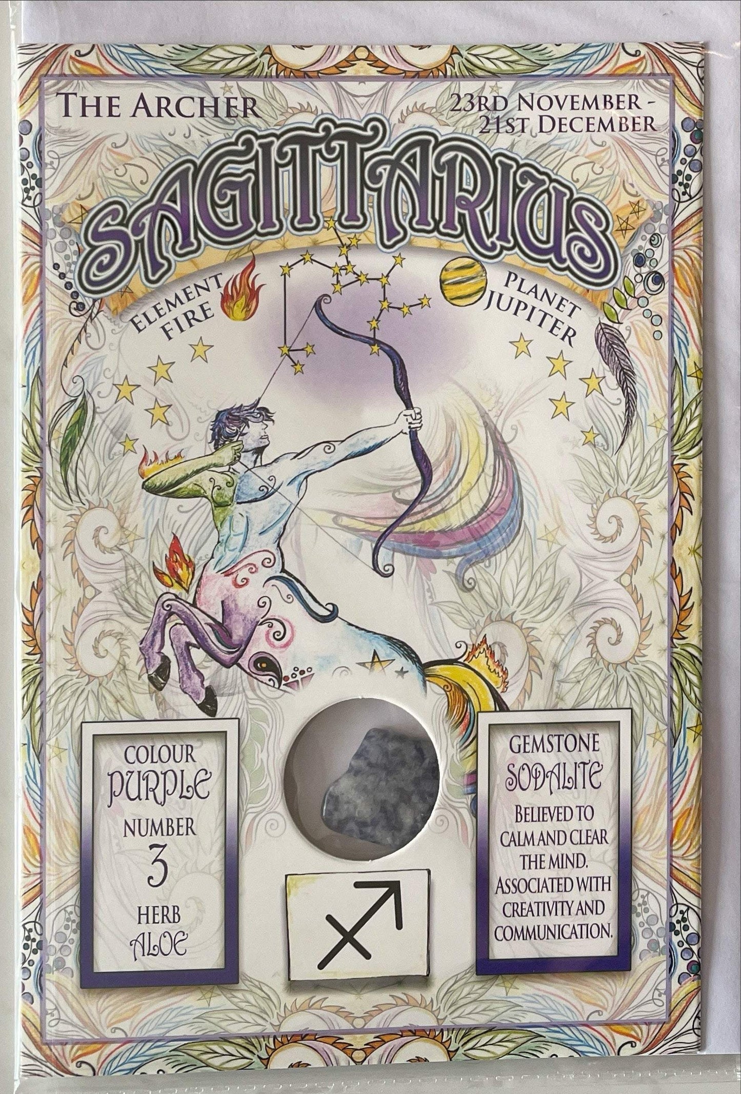 Sagittarius Zodiac Greeting Card with genuine sodalite gemstone and personalized celestial design.
