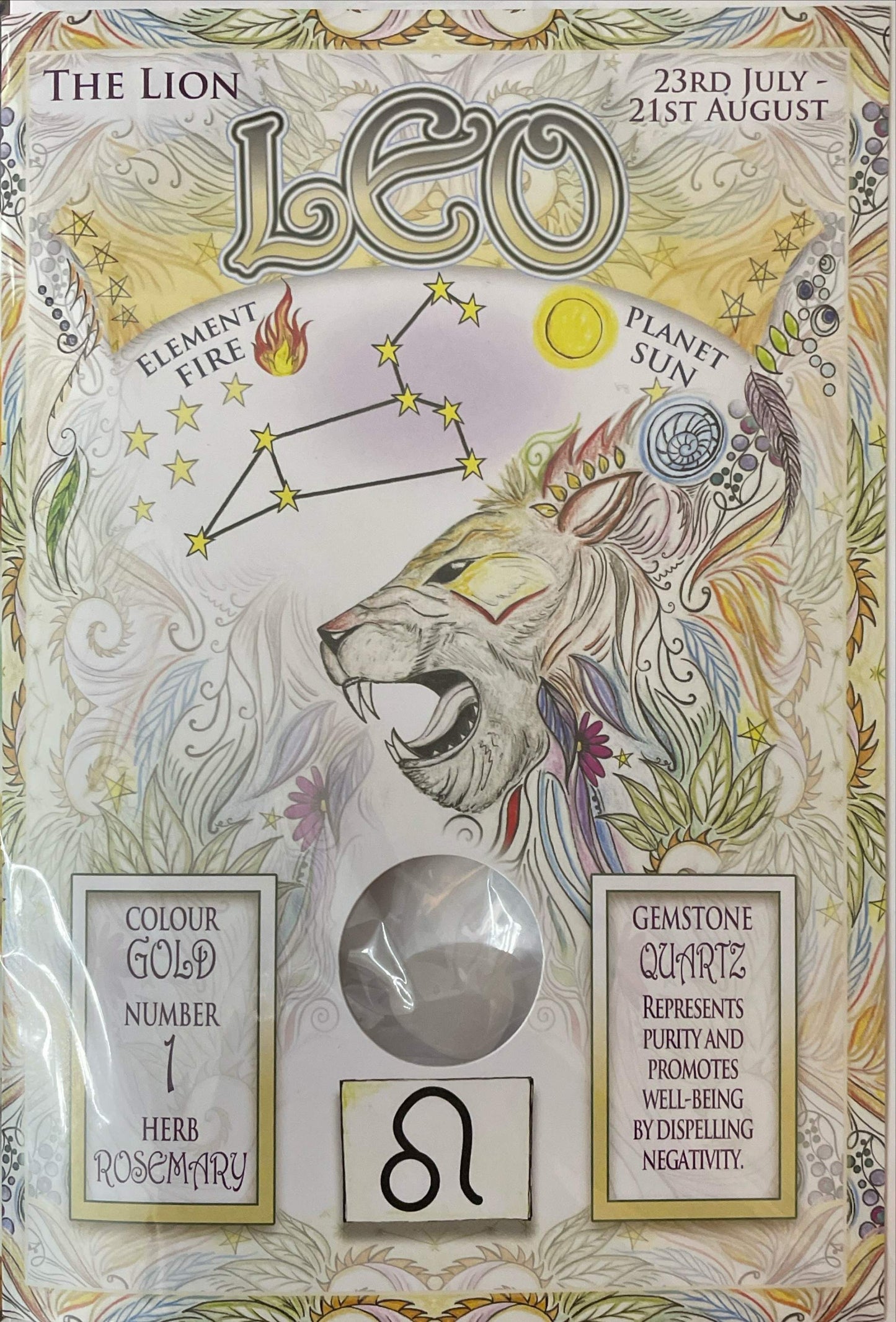 Leo zodiac greeting card featuring a lion design, astrology details, and a quartz gemstone for personal touch.