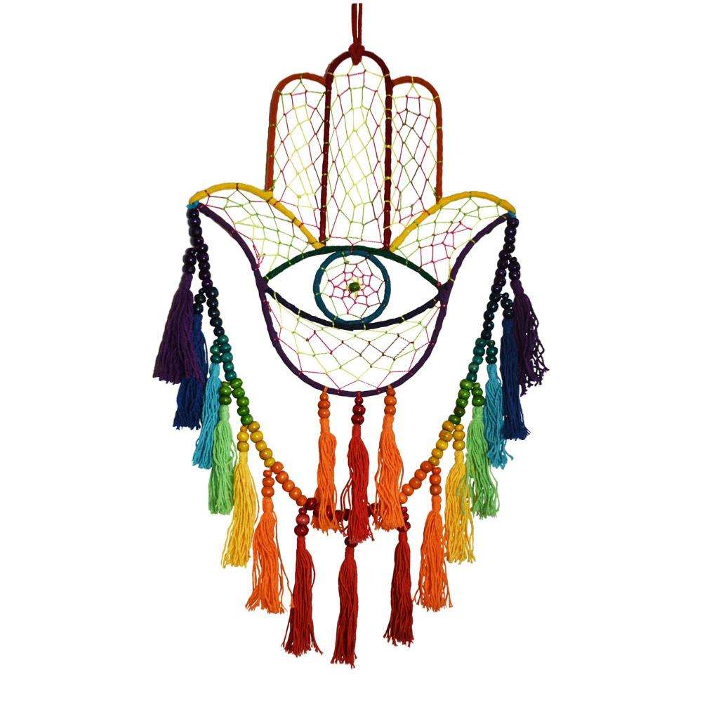 Hamsa Hand rainbow dreamcatcher with colorful tassels and beads.