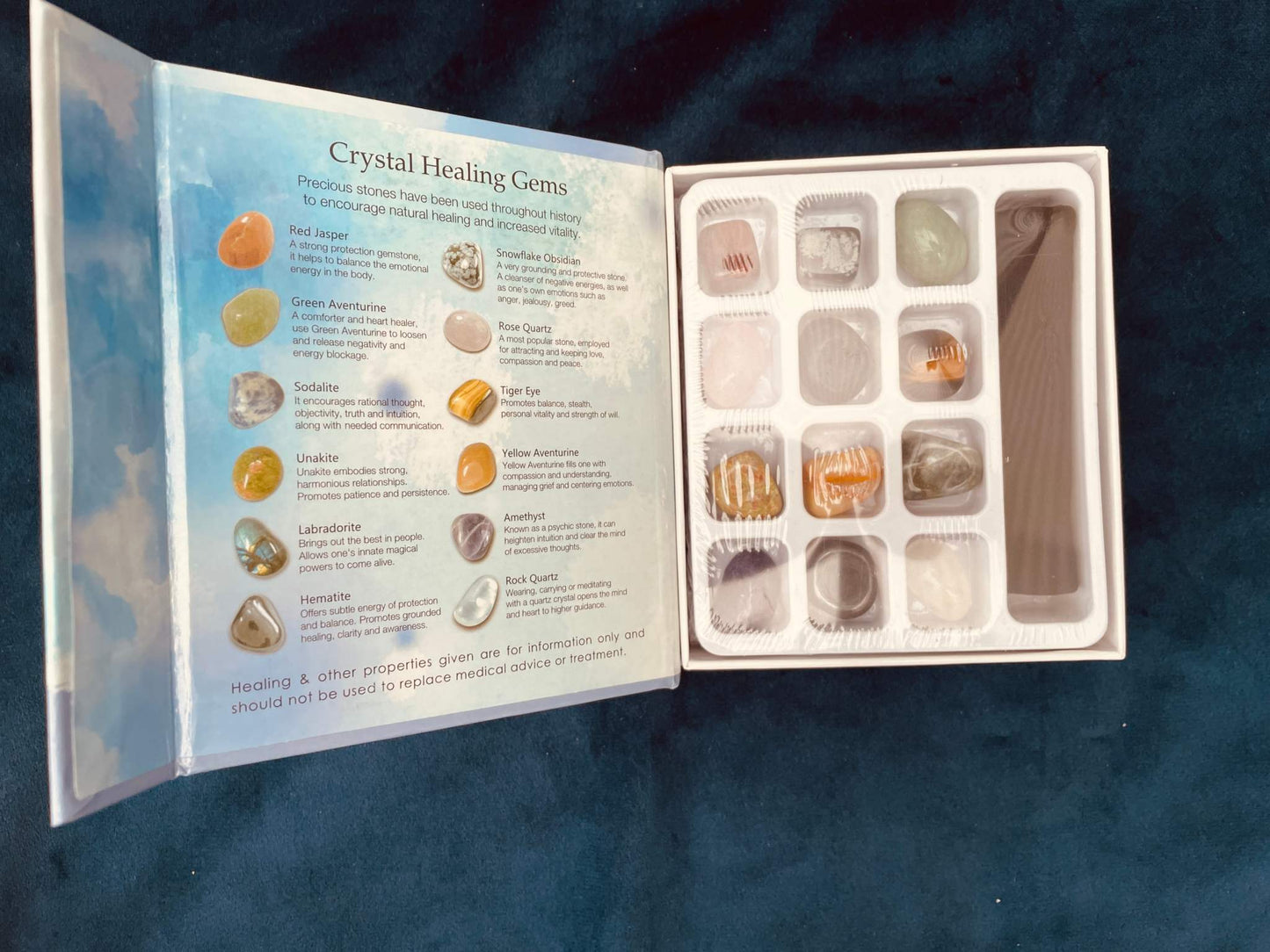 Crystal Healing Gemstone Set with storage bag and guide, featuring various healing crystals.