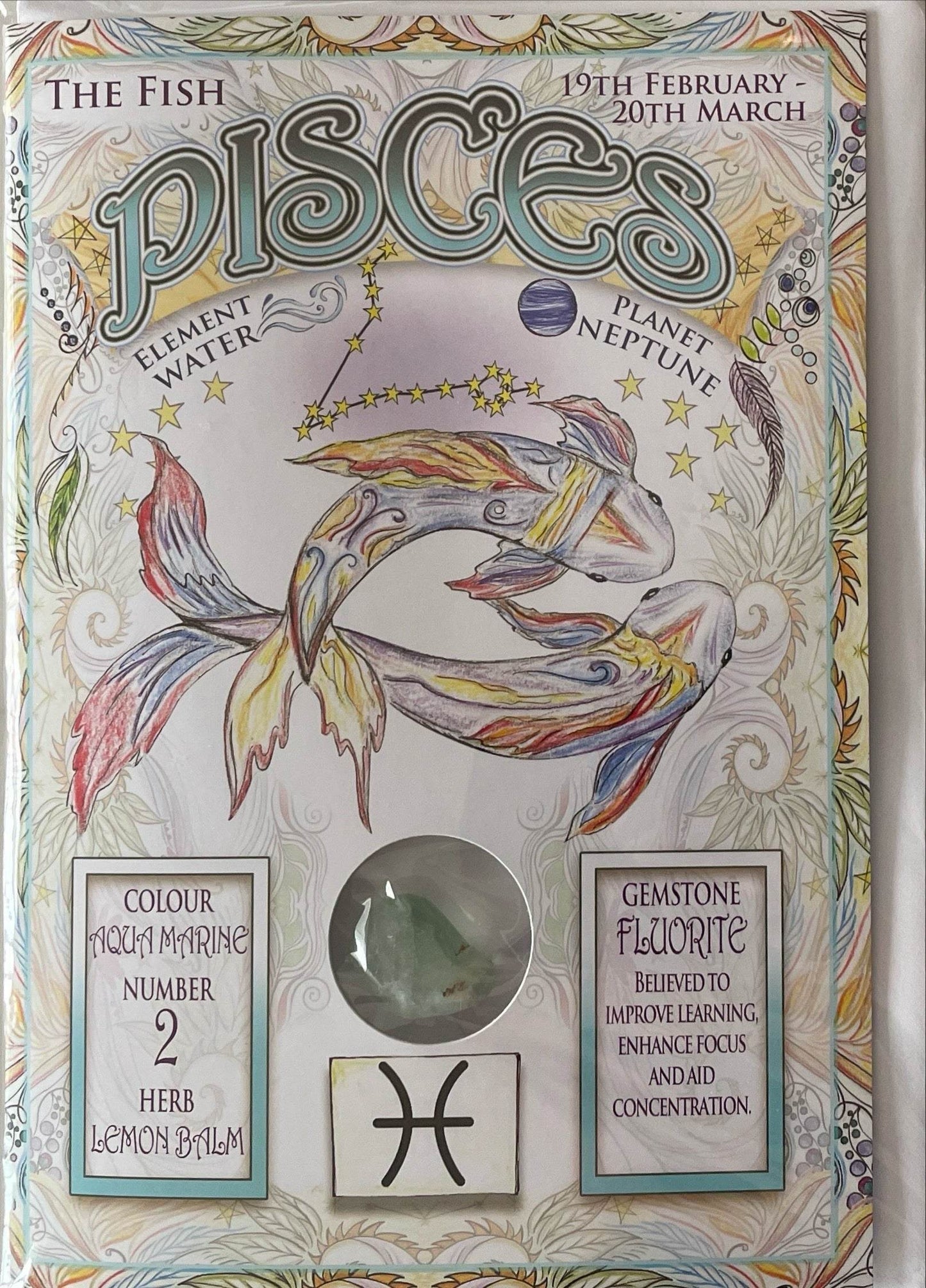 Pisces Zodiac Greeting Card with genuine fluorite gemstone, water element, and Neptune planet design.
