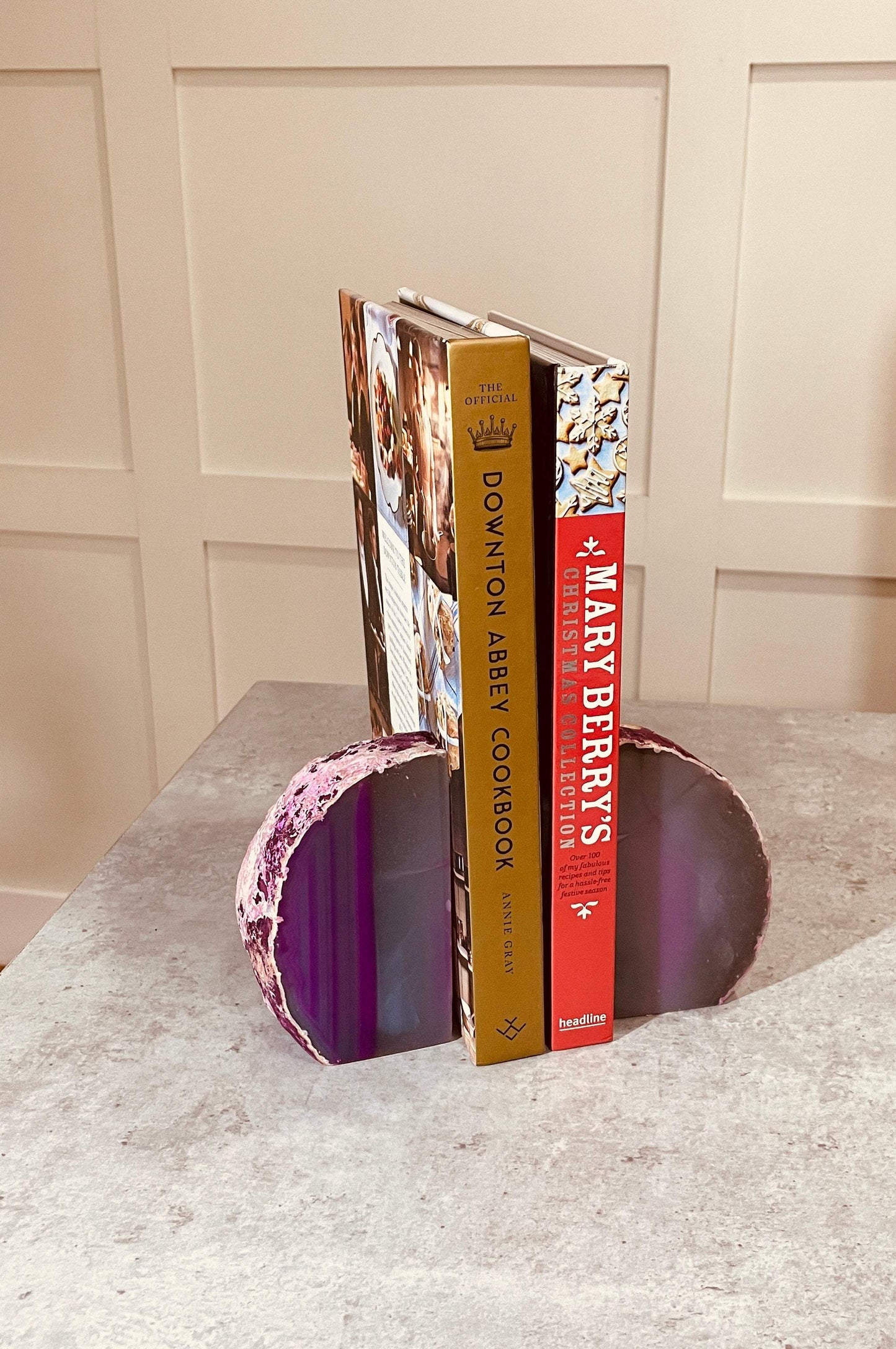 Pink Agate Bookends with books, front view