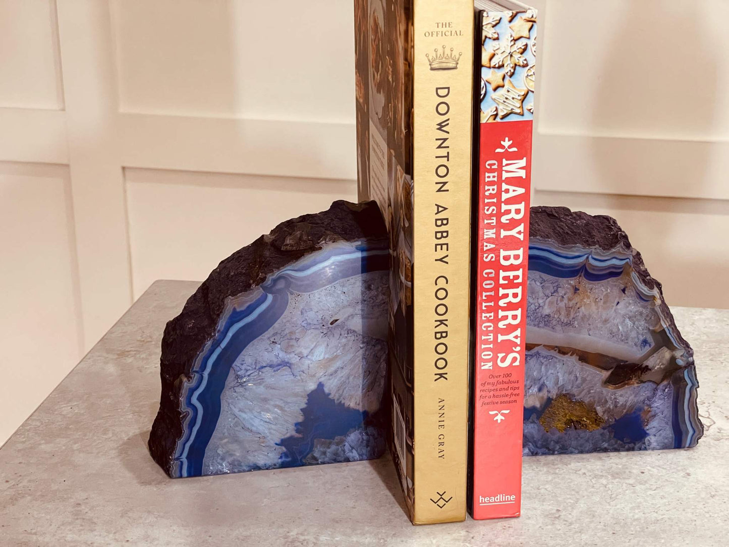 Purple Agate Bookends with books, front view