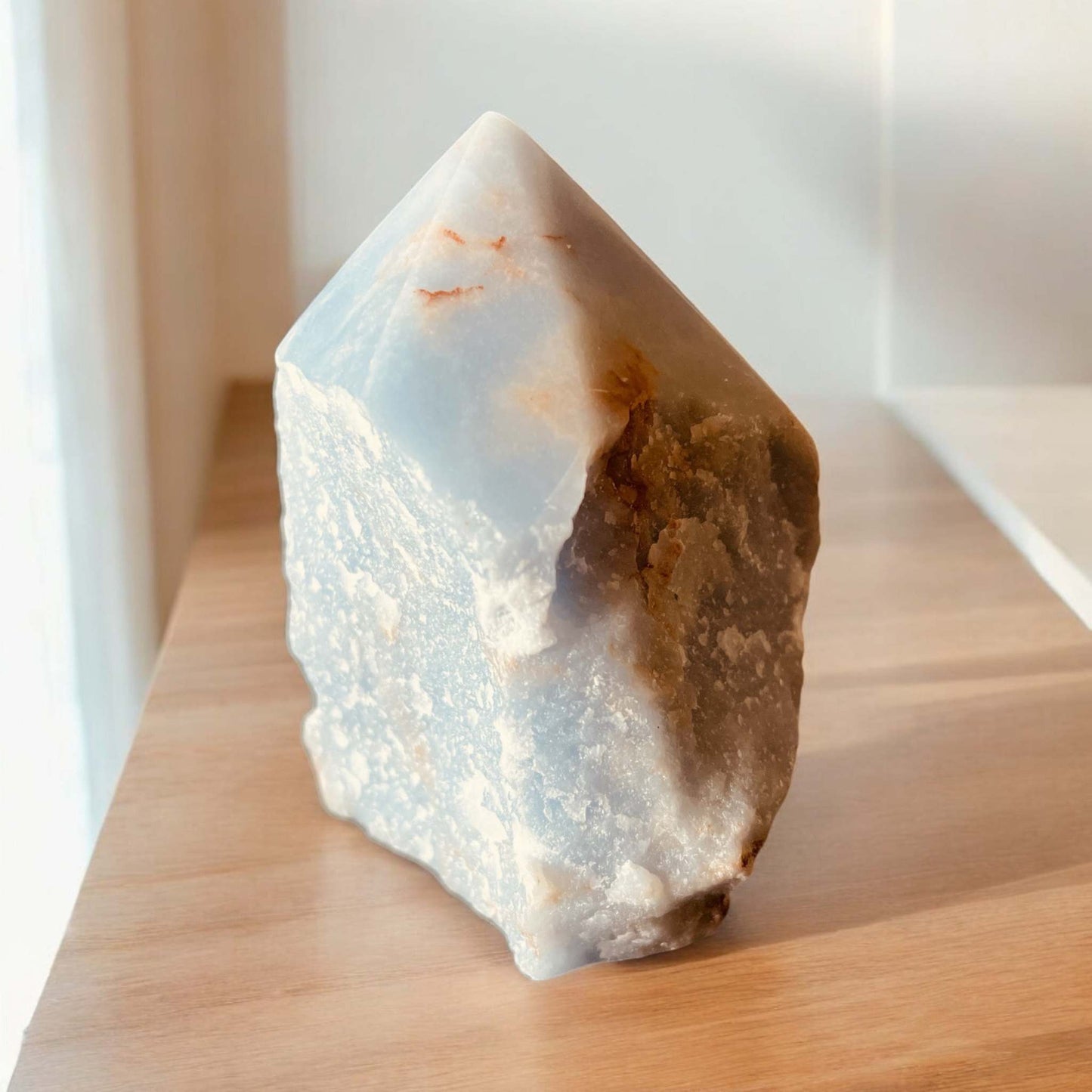 Angelite Cut Base Point crystal, 80mm high, for spiritual growth and emotional healing.