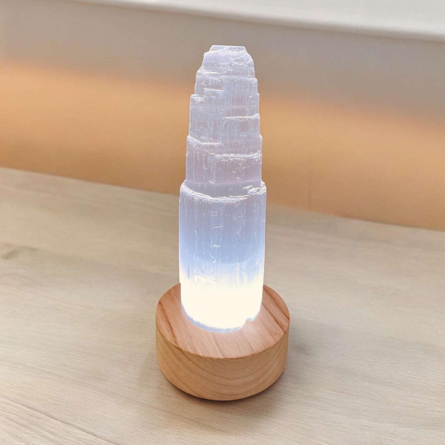 Selenite Tower, Cool White Selenite LED light stand