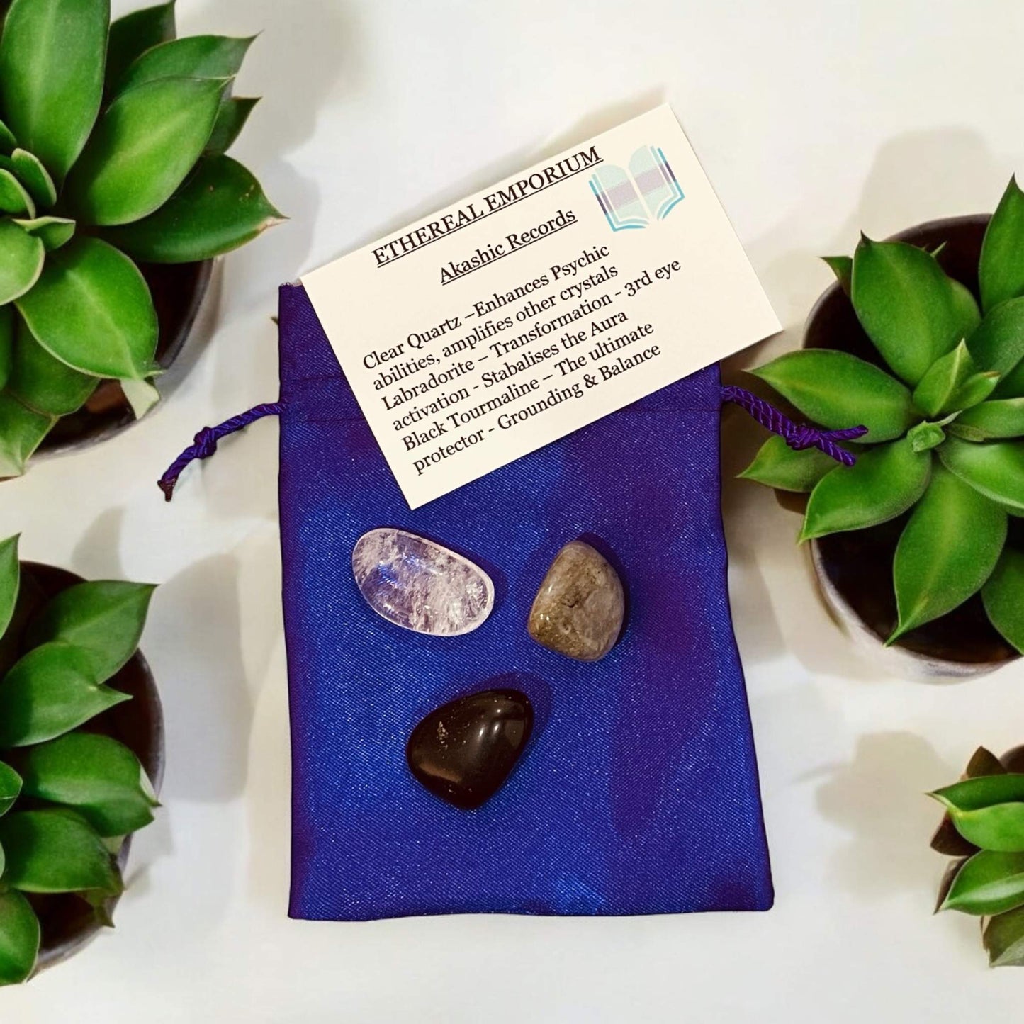 Ethereal Crystal Bags with curated crystals and elegant design, surrounded by green plants.