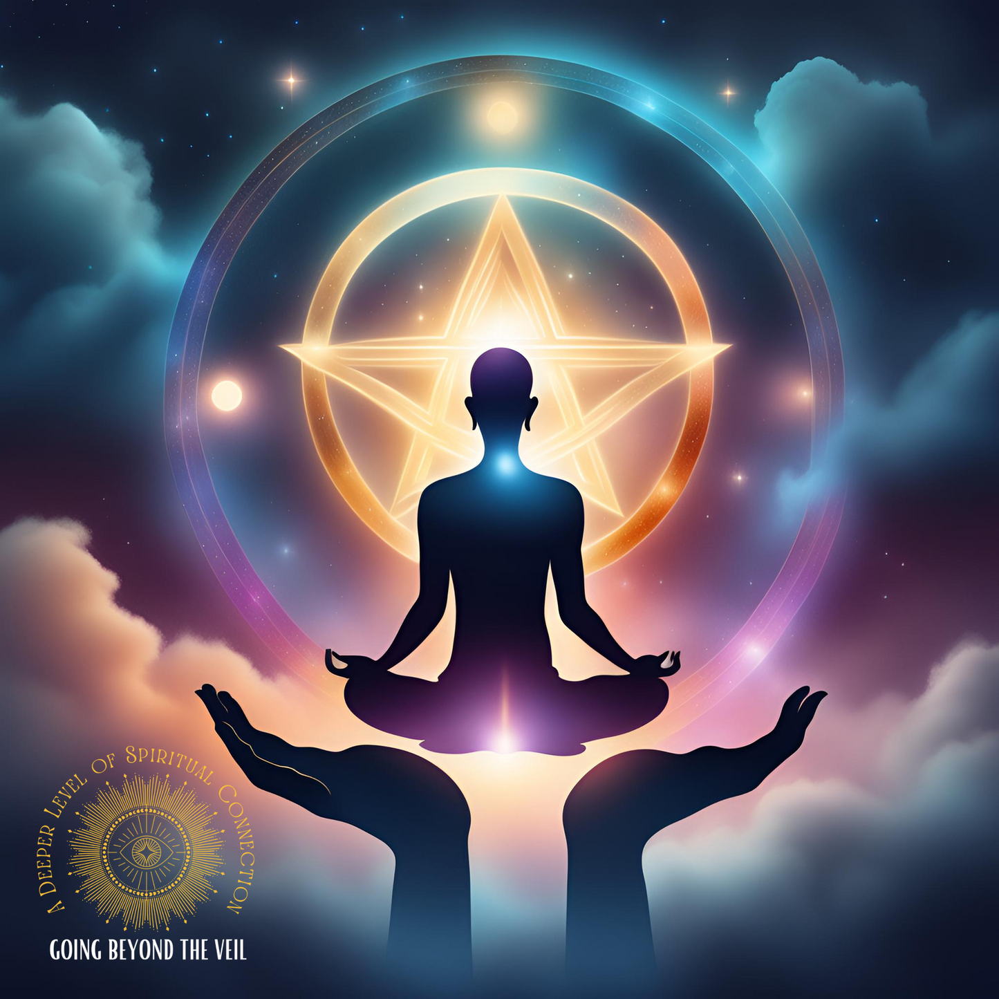 Guided meditation poster featuring a silhouetted figure meditating with celestial symbols, promoting "Going Beyond the Veil."