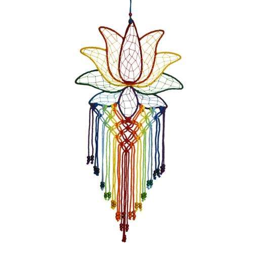 Rainbow Lotus Dreamcatcher with colorful tassels and beads, representing spiritual growth and harmony.