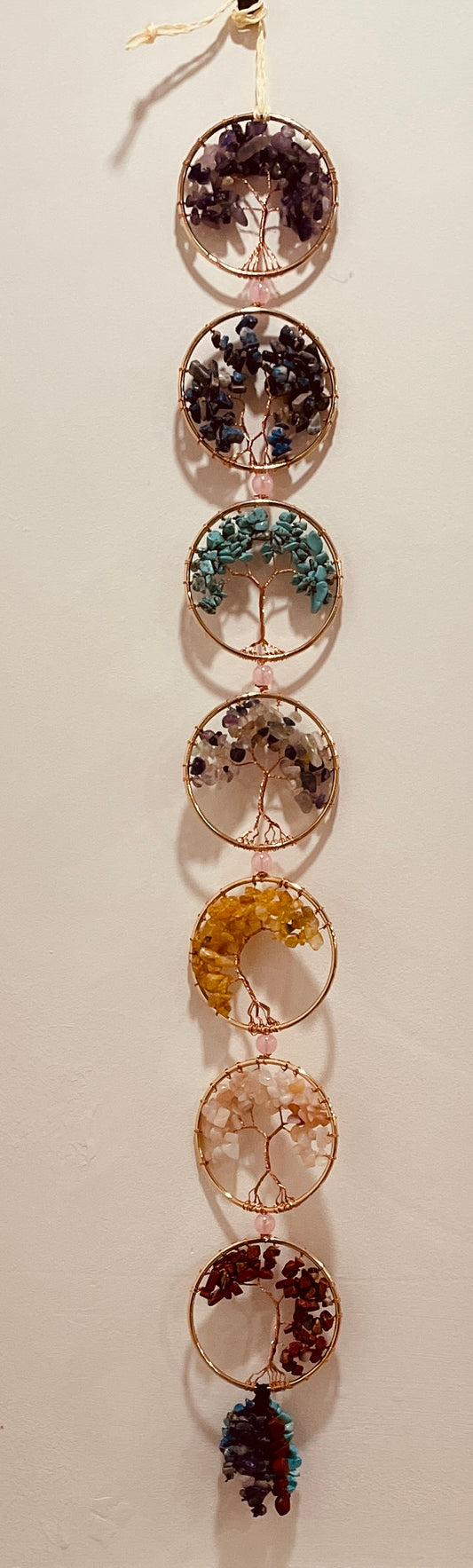 7 Chakra Tumbled & Chipped Gemstone Tree of Life Wall Hanging, front view