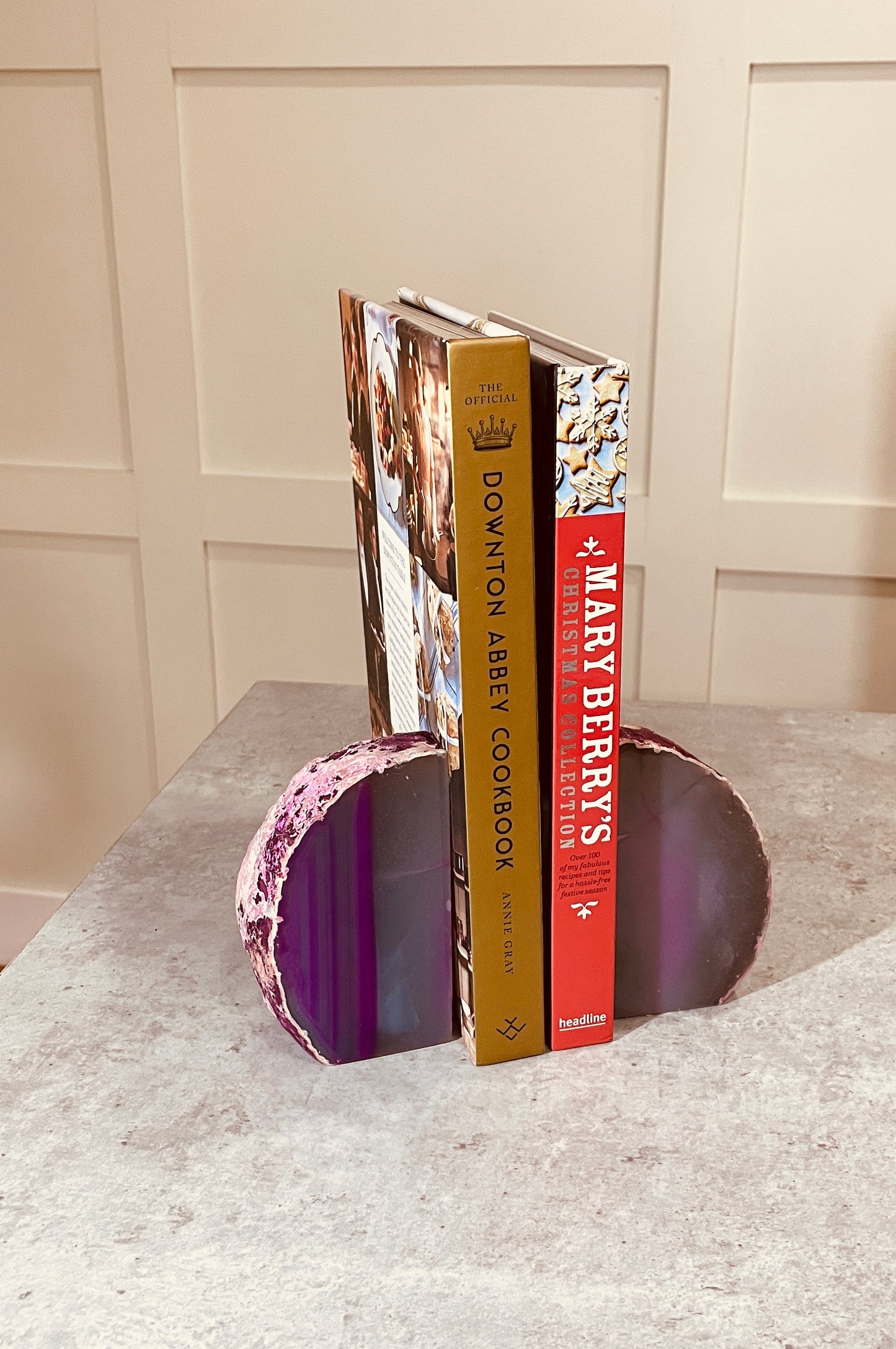 Pink Agate Book ends with books, front view