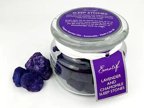 Glass jar of Aromatherapy Stones for sleep with lavender and chamomile.