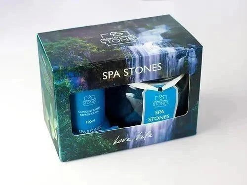 Aromatherapy Volcanic Stones with essential oil blend packaging.