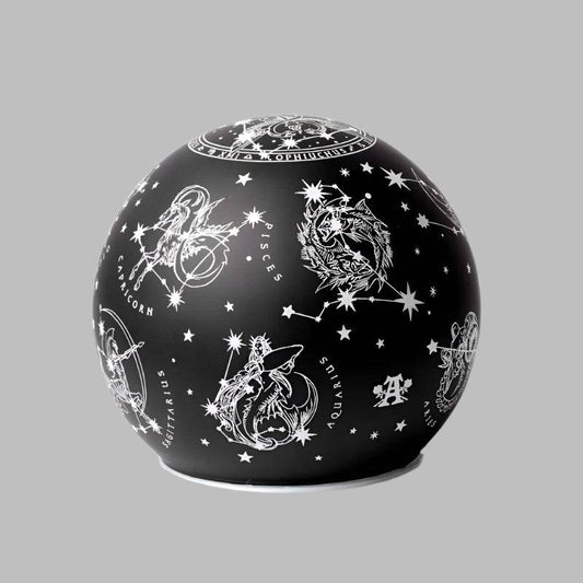 LED Glass Globe Light featuring astrology-themed celestial symbols and constellations.