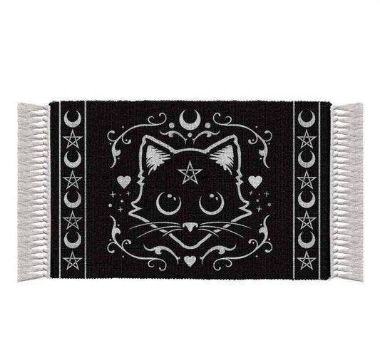 Mystical Cotton Rug with black cat design, handcrafted from 100% cotton; black and natural white.