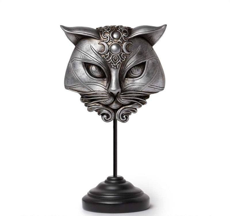 Sacred Cat Masque with intricate design in antique finish on stand.