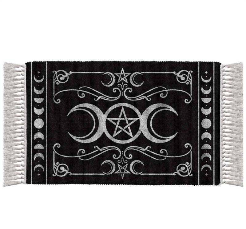 Mystical Cotton Rug with Triple Moon design, handcrafted from 100% cotton; black and natural white.